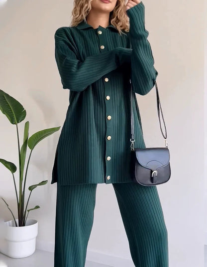 Women's Knit Co-Ord Set - Button-Up Long Sleeve Top & High-Waisted Wide-Leg Trousers - Relaxed Fit