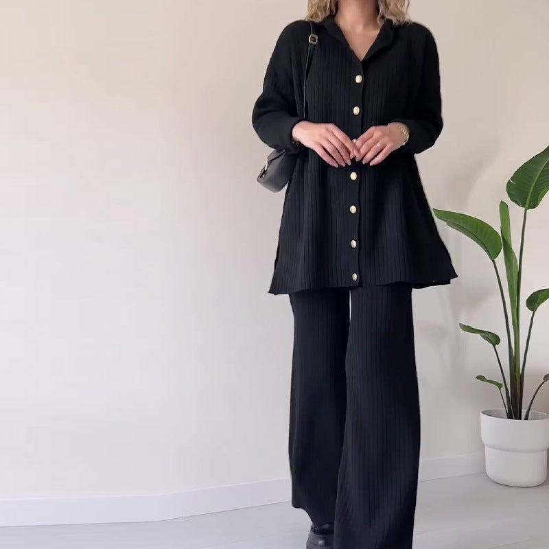 Women's Knit Co-Ord Set - Button-Up Long Sleeve Top & High-Waisted Wide-Leg Trousers - Relaxed Fit