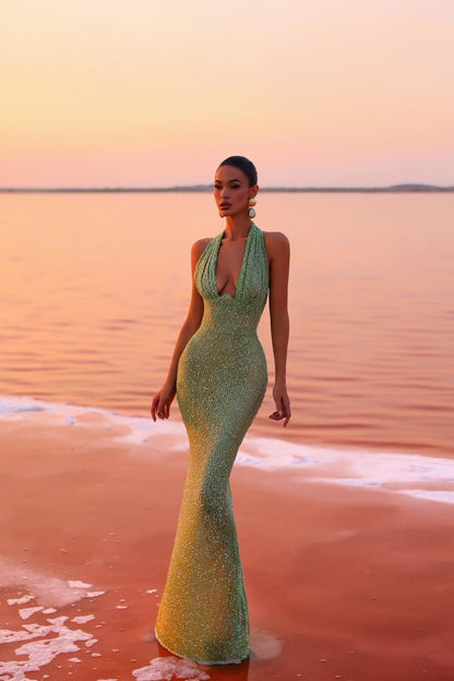 Women’s Evening Gown – Slim Fit – Halter Neck – Backless – Embellished Floor Length