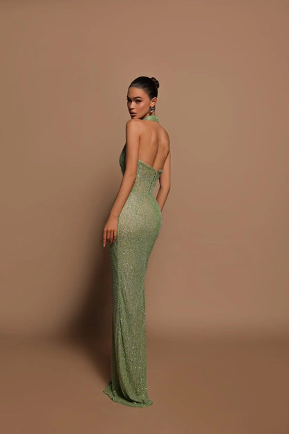 Women’s Evening Gown – Slim Fit – Halter Neck – Backless – Embellished Floor Length