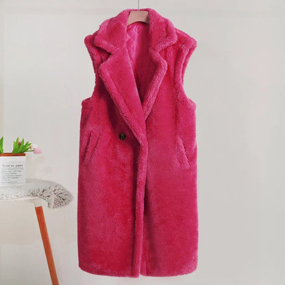 Women’s Sleeveless Coat – Oversized Fit – Plush Teddy Texture – Mid-Length – Wide Lapels