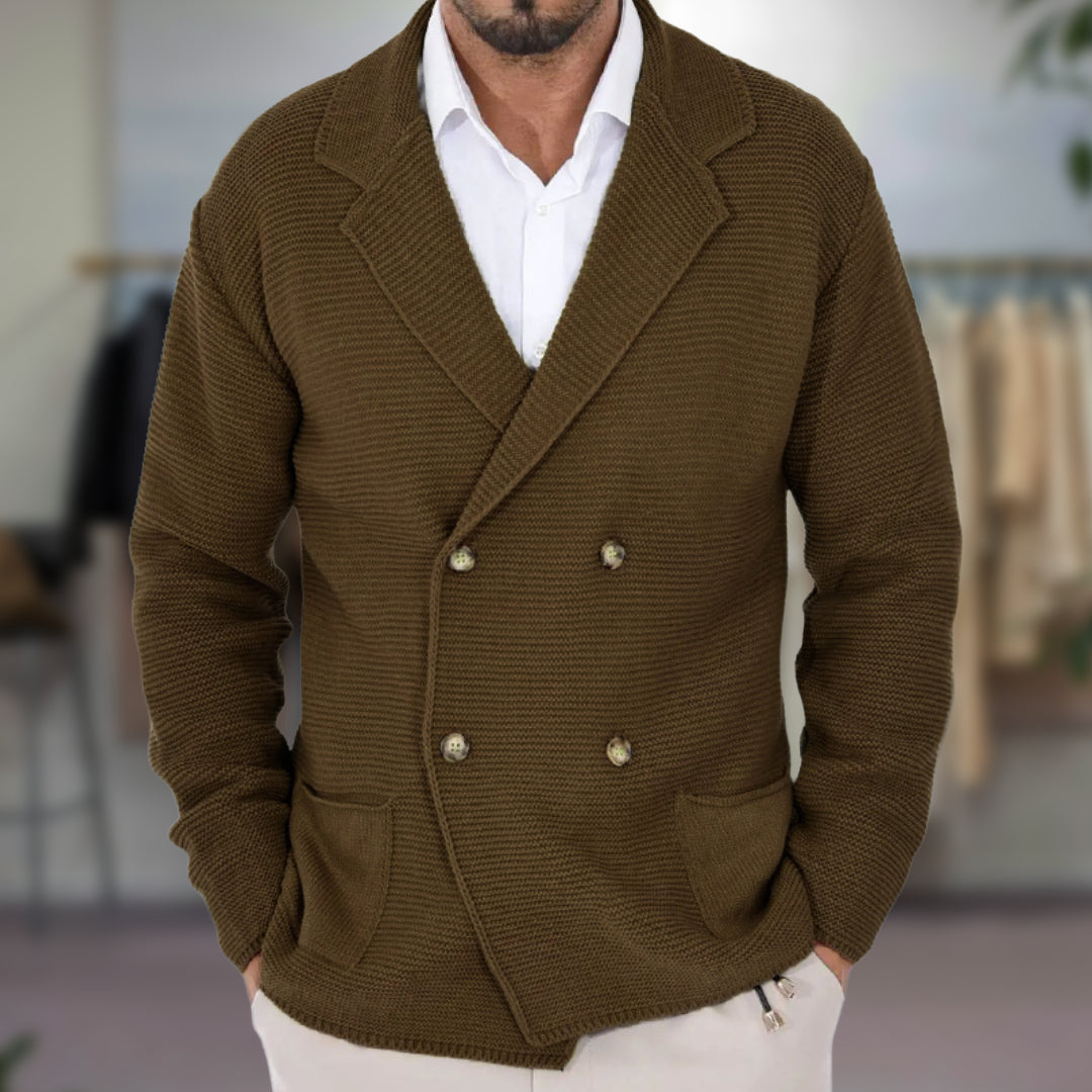 Men’s Cardigan – Textured Knit – Regular Fit – Double-Breasted – Blazer Lapel