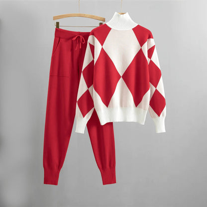 Women’s Knit Lounge Set – Relaxed Fit – Wool Blend – Turtleneck Top & Tapered Bottoms