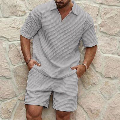 Men’s Leisure Set – Relaxed Fit – Breathable Blend – Textured Fabric – Zip Collar