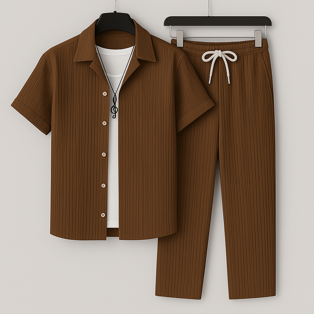 Men’s Two-Piece Set – Natural Fibers – Relaxed Fit – Short Sleeve Shirt – Drawstring Trousers
