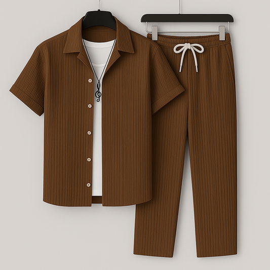 Men’s Two-Piece Set – Natural Fibers – Relaxed Fit – Short Sleeve Shirt – Drawstring Trousers