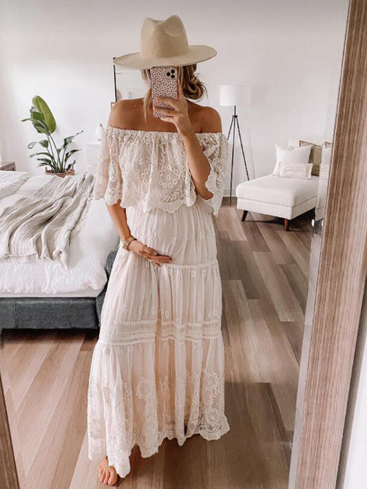 Women's Off-Shoulder Maxi Dress - Lace Detail - Flowy Elegant Bohemian Style