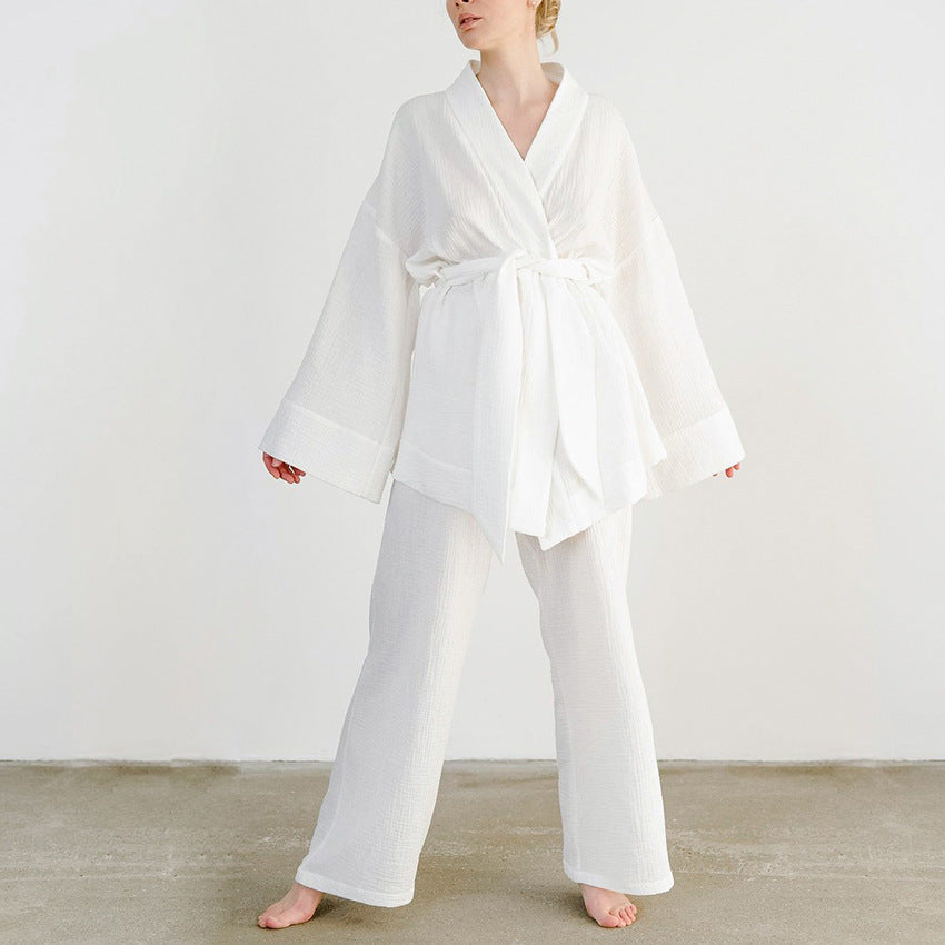 Women's Two-Piece Set - V-Neck Tie Waist Top & Wide-Leg Trousers - Lightweight & Breathable