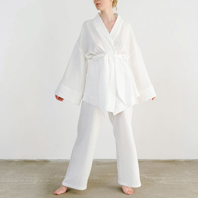 Women's Two-Piece Set - V-Neck Tie Waist Top & Wide-Leg Trousers - Lightweight & Breathable