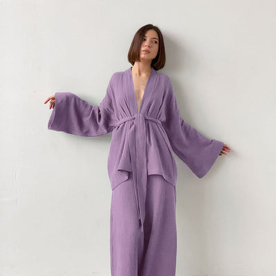 Women's Two-Piece Set - V-Neck Tie Waist Top & Wide-Leg Trousers - Lightweight & Breathable