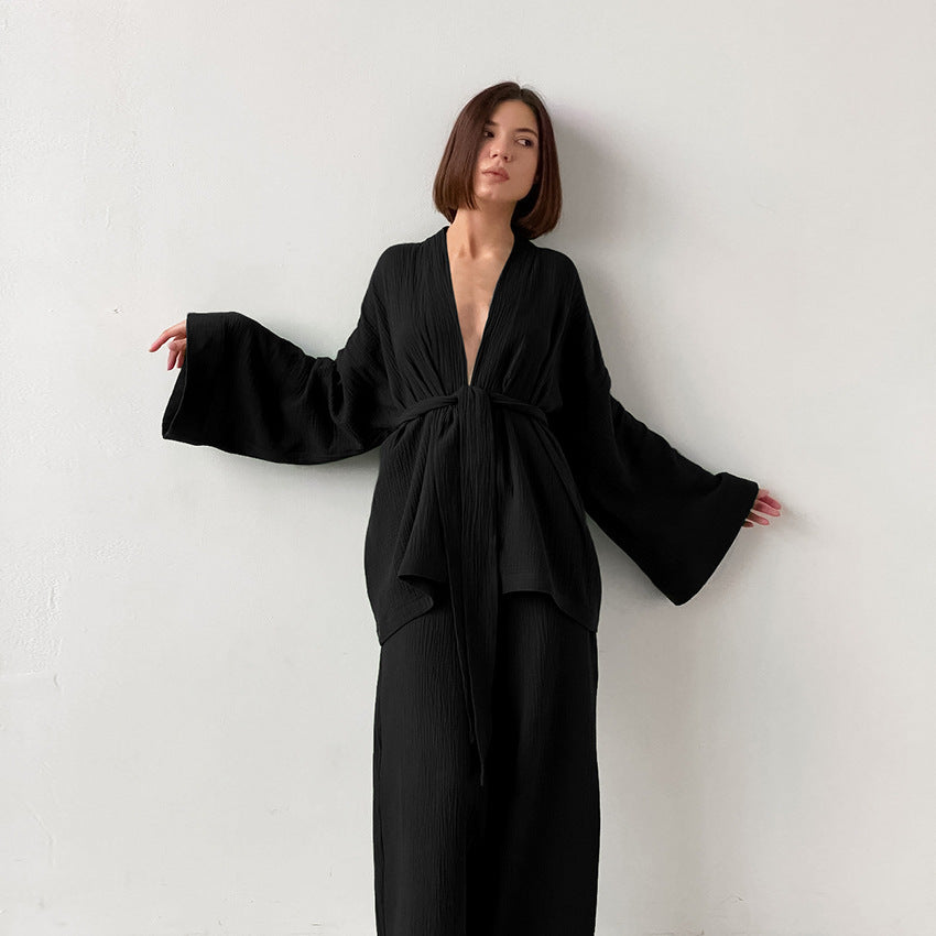 Women's Two-Piece Set - V-Neck Tie Waist Top & Wide-Leg Trousers - Lightweight & Breathable