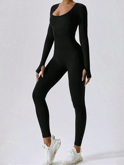 Women's sporty jumpsuit long sleeves square neckline