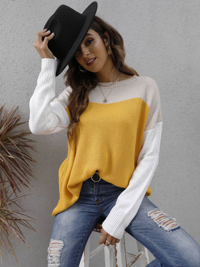 Women's Knit Sweater - Relaxed Fit - Long Sleeve - Round Neck - Colour Block Design