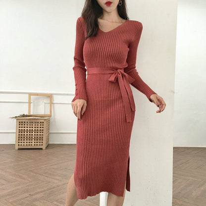 Women's Knit Dress - Ribbed Bodycon Fit - V-Neck - Long Sleeve - Midi Length - Belted