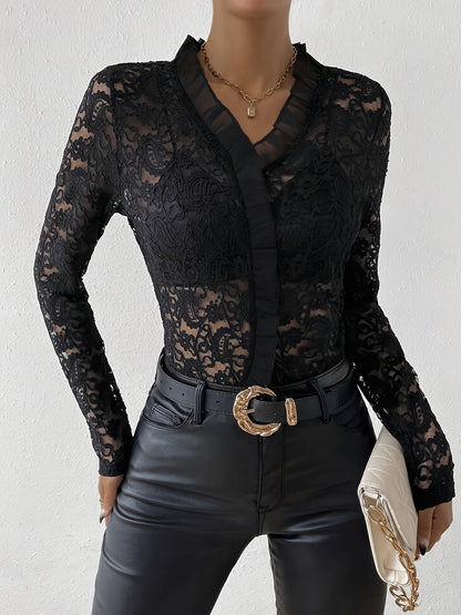 Floral lace ruffle blouse for women