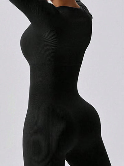 Women's Ribbed Jumpsuit - Square Neckline - Long Sleeve Stretch Fit