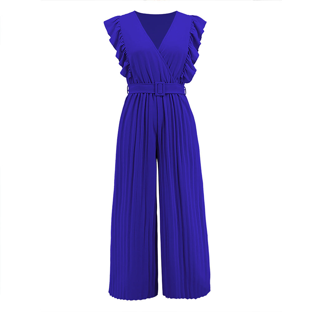 Women's v neck jumpsuit with ruffles, belt, and relaxed fit