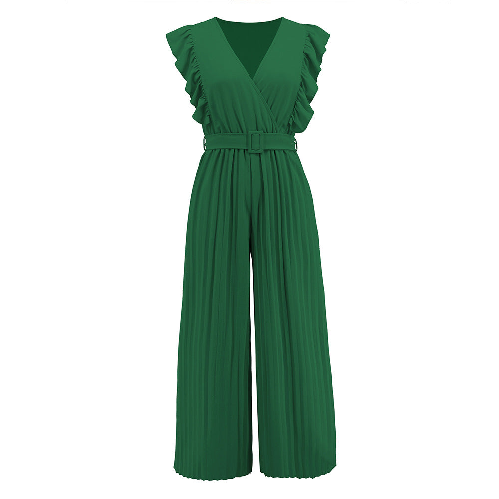 Women's v neck jumpsuit with ruffles, belt, and relaxed fit