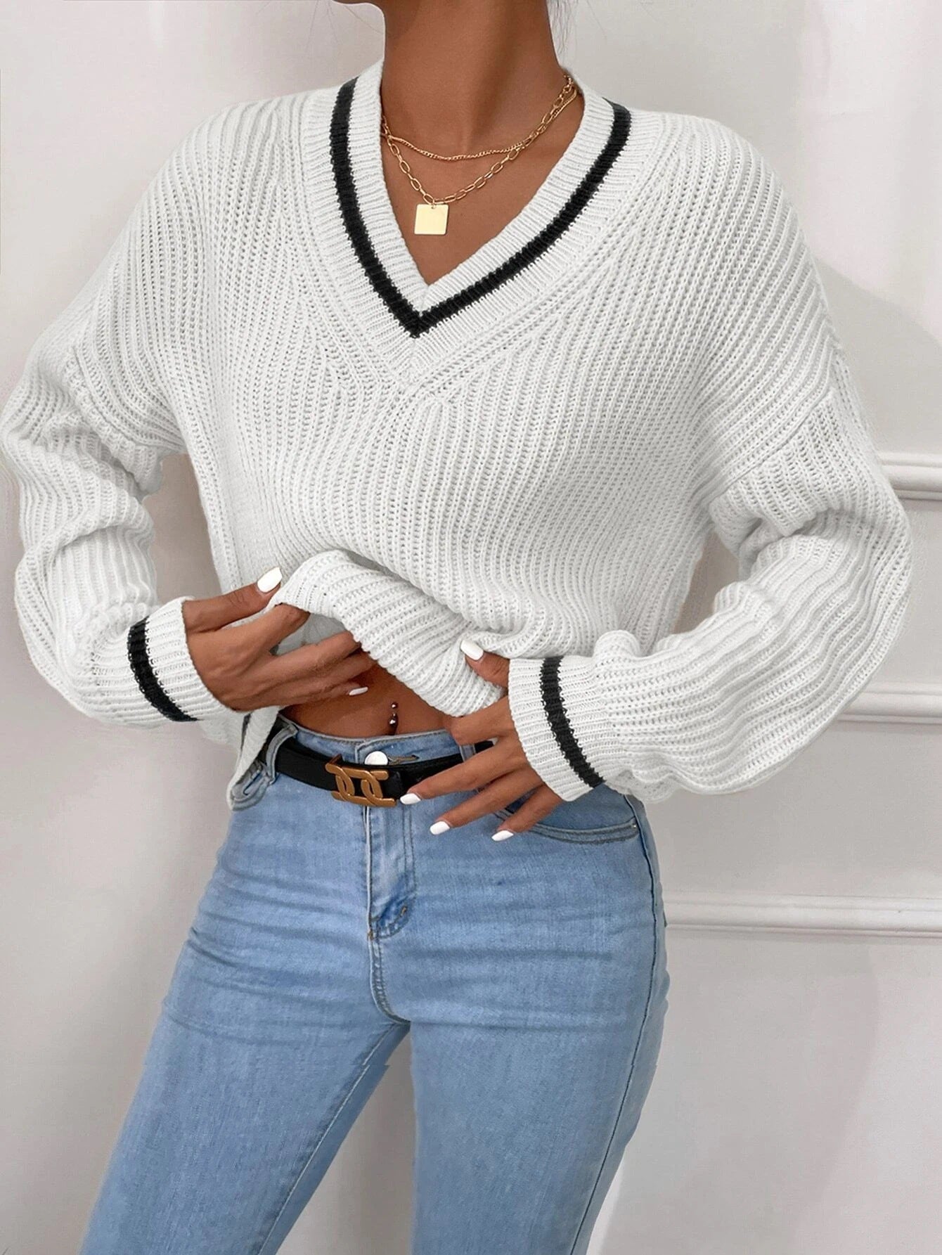 Women's striped V-neck sweater