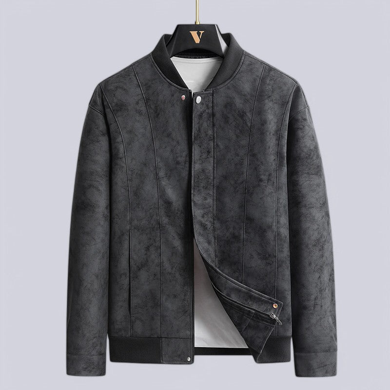 Men’s Leather Jacket – Structured Fit – Zip Front with Snap Placket – Ribbed Trim