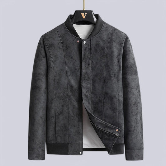 Men’s Leather Jacket – Structured Fit – Zip Front with Snap Placket – Ribbed Trim