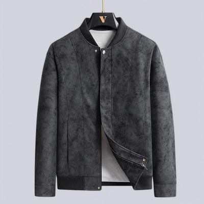 Men’s Leather Jacket – Structured Fit – Zip Front with Snap Placket – Ribbed Trim