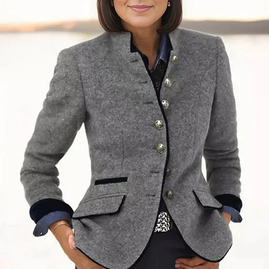 Women’s Formal Jacket – Tailored Fit – Wool Blend – Stand Collar – Decorative Buttons