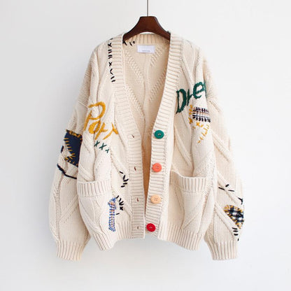 Women’s Cardigan – Chunky Knit – Oversized Fit – Embroidered – Ribbed Trim – Pockets