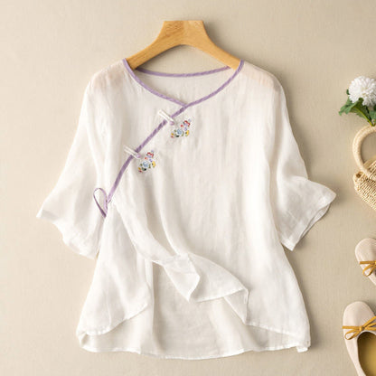 Women’s Blouse – Loose Fit – Embroidered Front – Short Sleeve – Breathable Blend – Tie Detail