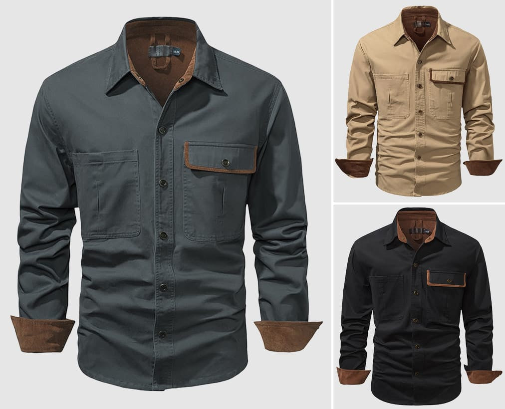 Men’s Button-Up Shirt - Long Sleeve - Classic Collar - Chest Pockets