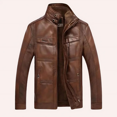 Men’s Leather Jacket – Slim Fit – Plush Lined – High Collar – Multiple Pockets