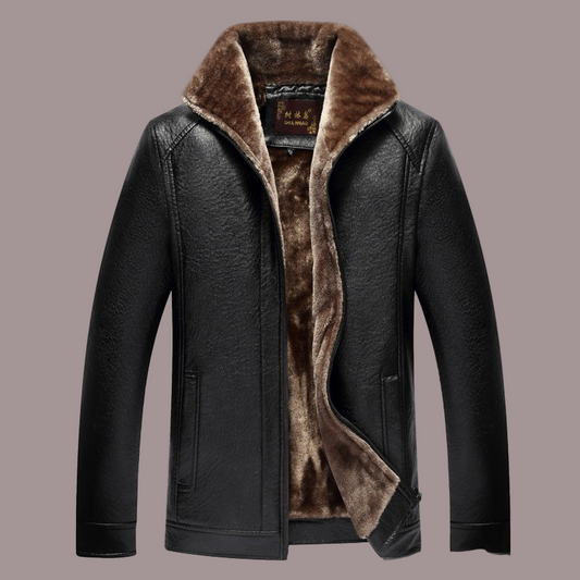 Men’s Leather Jacket – Structured Fit – Fuzzy Lining – Wide Collar – Zip Front