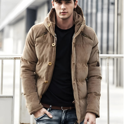 Men’s Padded Coat – Relaxed Fit – Insulated – Zip & Button Closure – High Collar