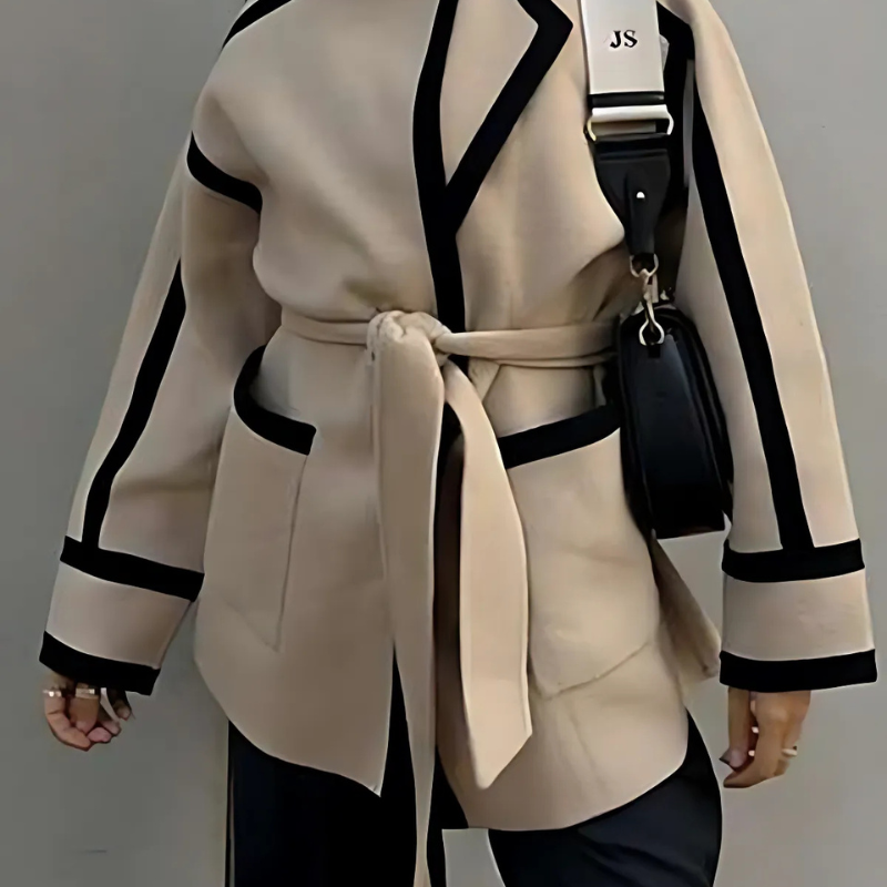 Women’s Wrap Blazer Jacket – Relaxed Fit – Wool Blend – Self-Tie Waist – Contrast Trim