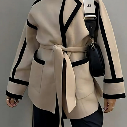 Women’s Wrap Blazer Jacket – Relaxed Fit – Wool Blend – Self-Tie Waist – Contrast Trim