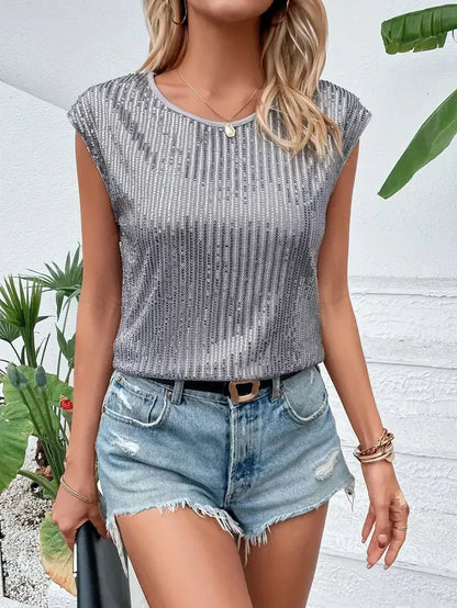 Women’s Blouse – Relaxed Fit – Sequin Embellished – Cap Sleeve – Luxury Fabric