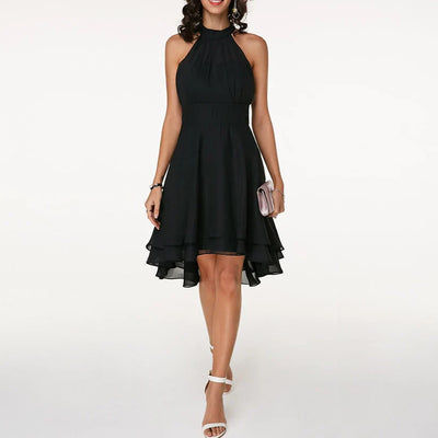 Women's Halter Dress - Sleeveless A-Line - High-Low Hem - Elegant Flowing Fit
