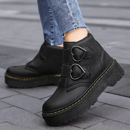 Women’s Ankle Boots – Chunky Sole – Heart Buckle Straps – Structured Fit