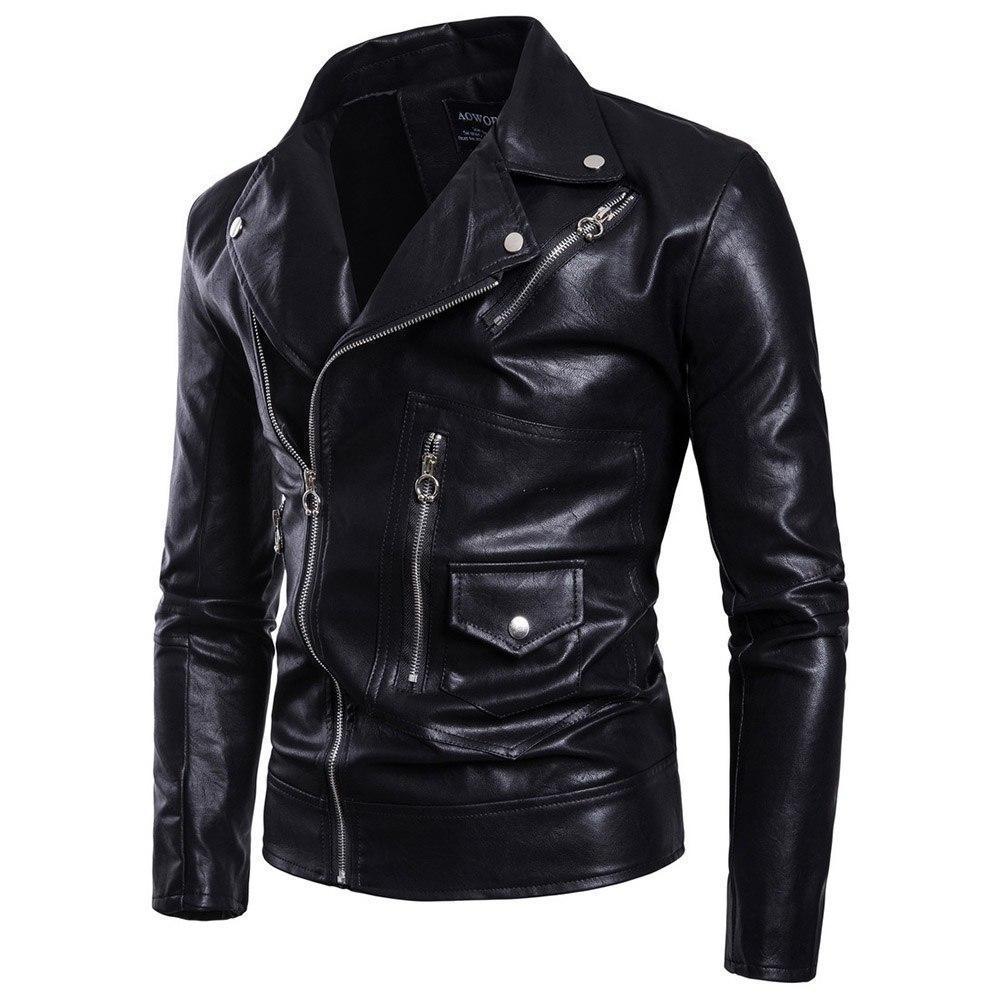 Men’s Leather Biker Jacket – Slim Fit – Notched Lapel – Asymmetrical Zip Closure