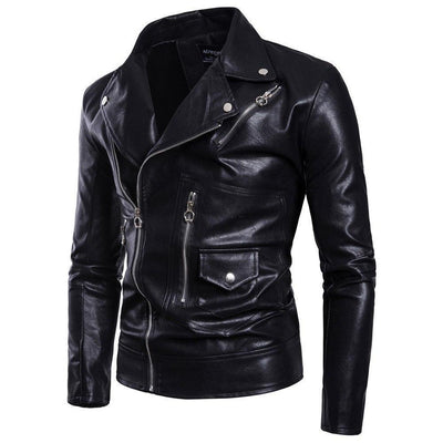 Men’s Leather Biker Jacket – Slim Fit – Notched Lapel – Asymmetrical Zip Closure