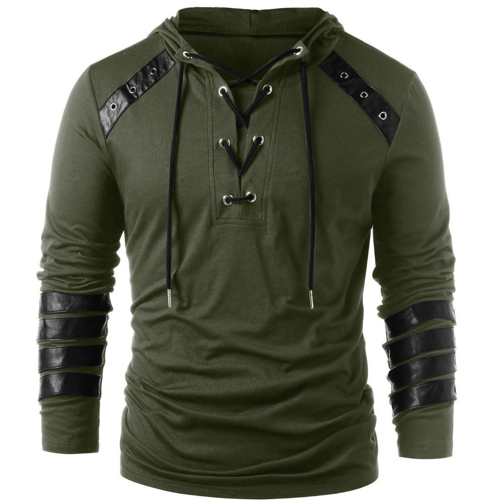 Men’s Hoodie - Lace-Up V-Neck - Faux Leather Panels - Long Sleeve Casual Wear