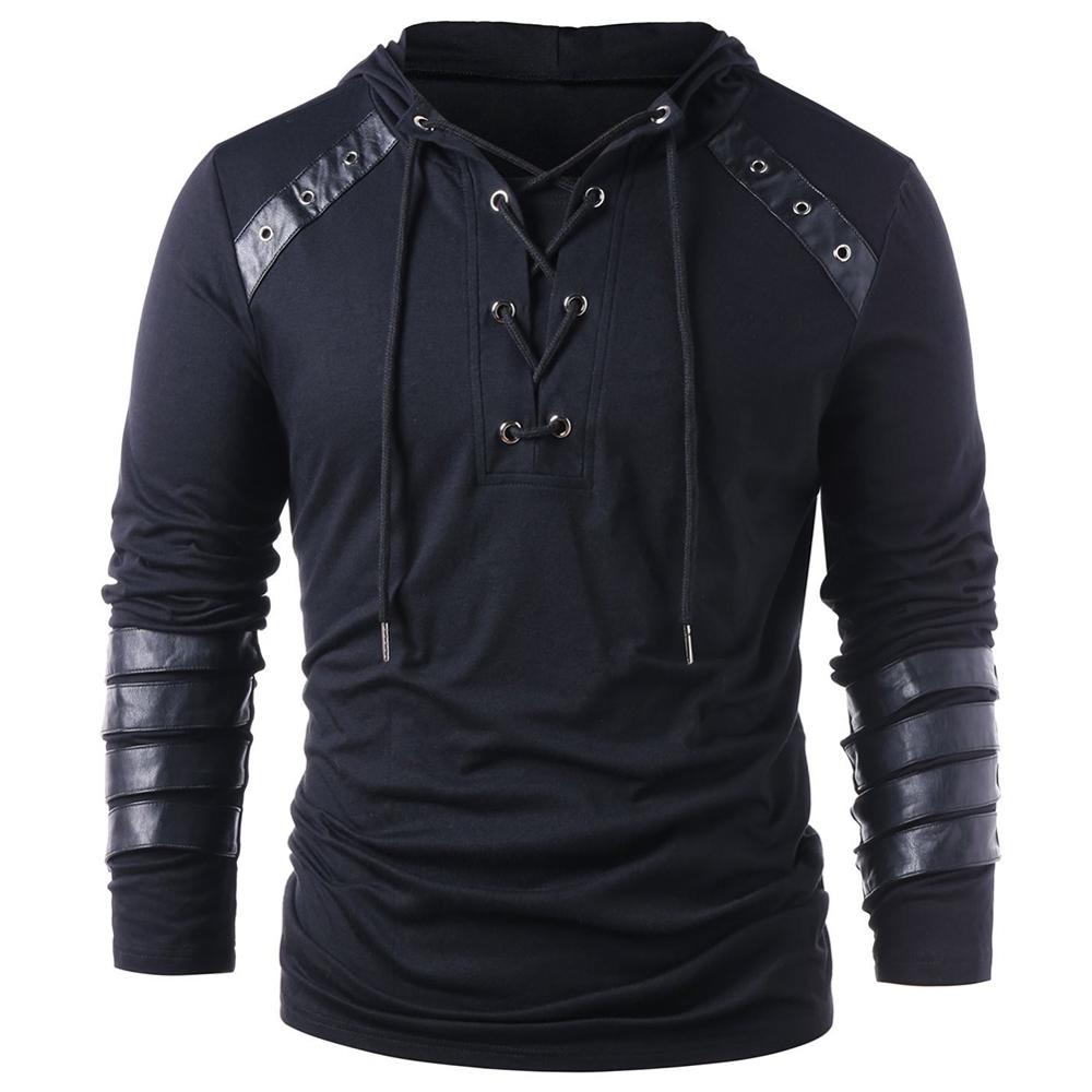 Men’s Hoodie - Lace-Up V-Neck - Faux Leather Panels - Long Sleeve Casual Wear