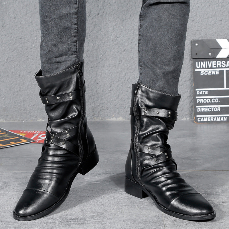 Men’s Mid-Calf Punk Boots – Decorative Buckles – Studded Straps – Structured Fit