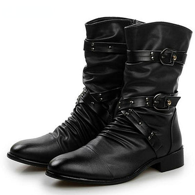Men’s Mid-Calf Punk Boots – Decorative Buckles – Studded Straps – Structured Fit