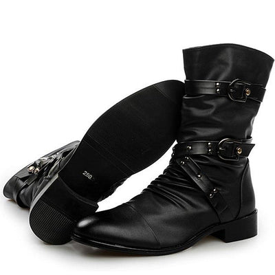 Men’s Mid-Calf Punk Boots – Decorative Buckles – Studded Straps – Structured Fit