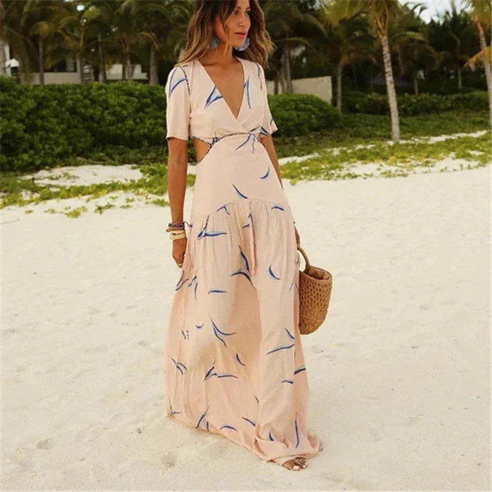 Women's Maxi Dress - Deep V-Neck - Short Sleeve - Flowing Fit - Cut-Out Waist