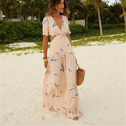 Women's Maxi Dress - Deep V-Neck - Short Sleeve - Flowing Fit - Cut-Out Waist