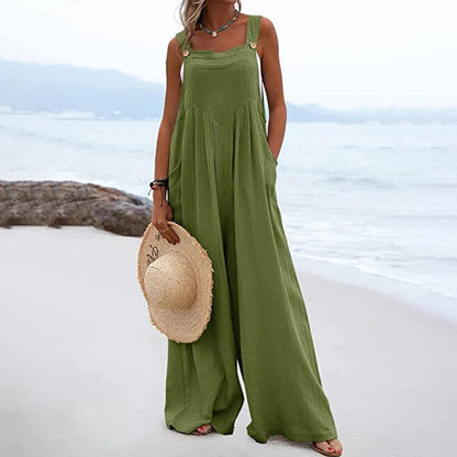 Women's Wide-Leg Jumpsuit - Sleeveless Loose Fit - Square Neck - Lightweight Cotton