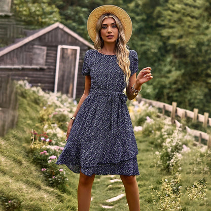 Women's Dress - Fit and Flare - Knee-Length - Short Sleeve - Belted Floral Print
