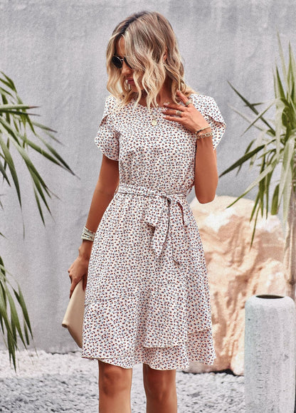 Women's Dress - Fit and Flare - Knee-Length - Short Sleeve - Belted Floral Print